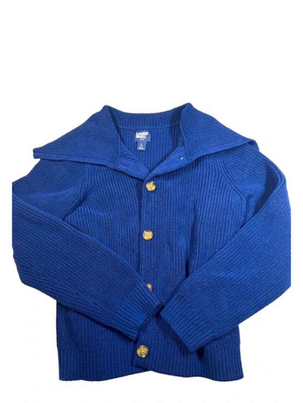 Lands' End Royal Blue Sailor Collar Chunky Knit Cardigan Sweater Size L